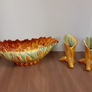 Vintage Set of Haegar Handcrafted Bowl & 2 Candle Holders